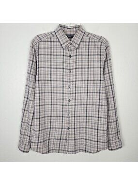 Theory Irving Ombre Line Grid Flannel Button Up Shirt Greige Gray Plaid Size XS